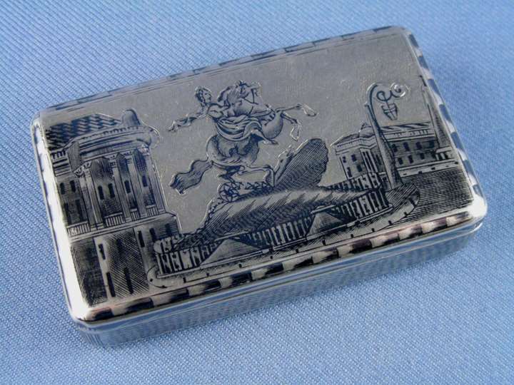19th century Russian rectangular silver gilt niello Peter the Great statue scene box, assaymaster Andrey Kovalskiy